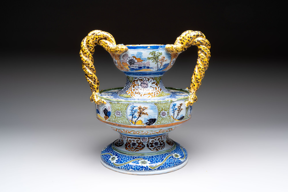 A large polychrome Nevers faience pot-pourri or flower arranging vase, France, 17th C.