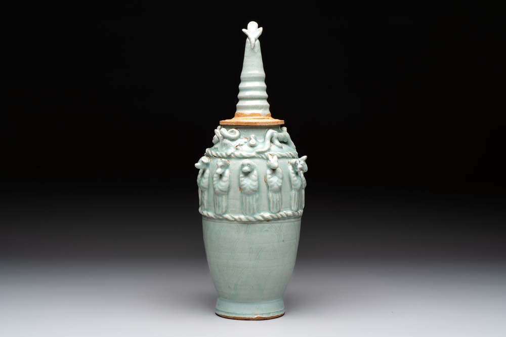 A Chinese qingbai-glazed covered urn applied with zodiac figures, Song