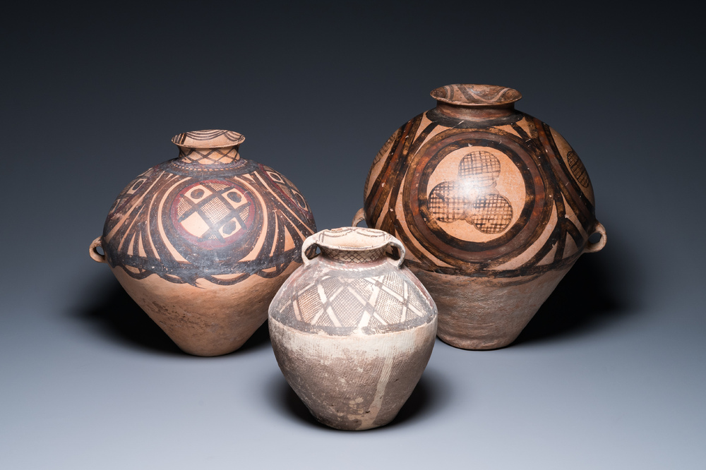 Three Chinese painted pottery jars, Majiayao Yangshao culture, 3/2nd millennium B.C.