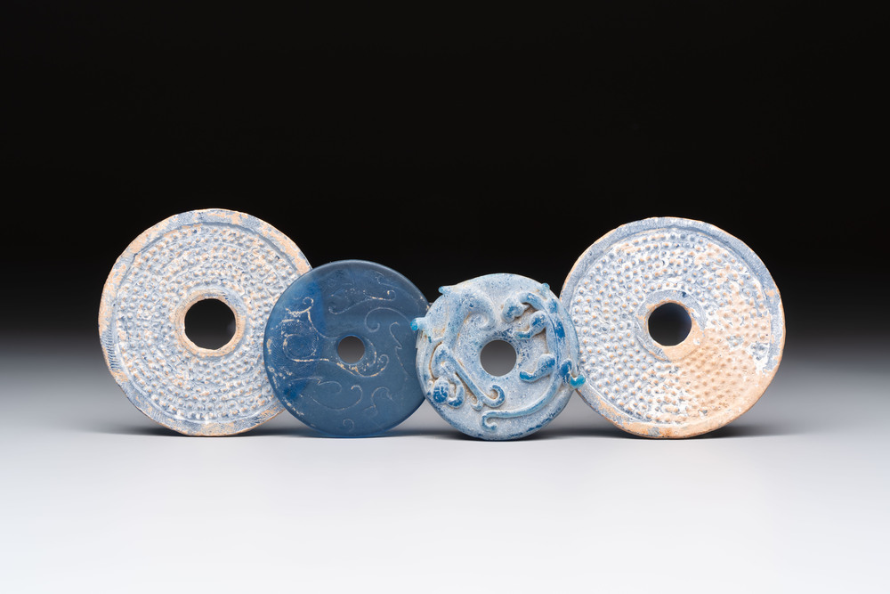 Four Chinese blue glass 'bi' discs, Han/Song