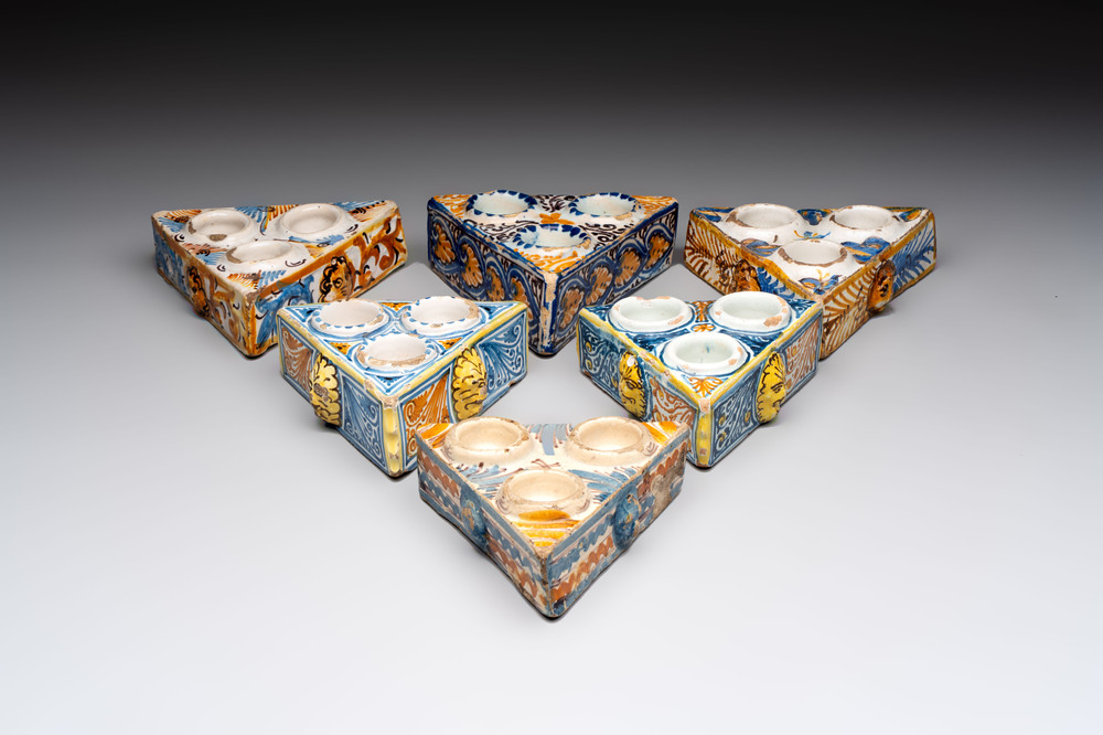 A collection of six polychrome Spanish triangular spice boxes, Talavera, 18th C.