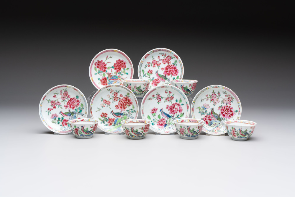 A set of six Chinese famille rose 'peacock' cups and saucers, Yongzheng