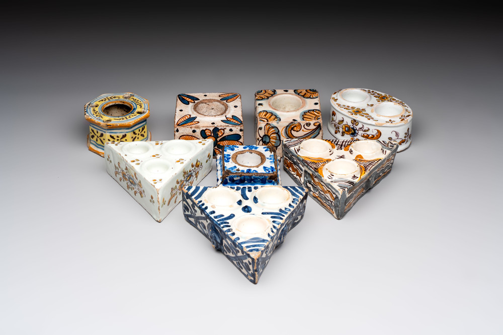 A collection of six Spanish spice boxes and two inkwells, 18th C.