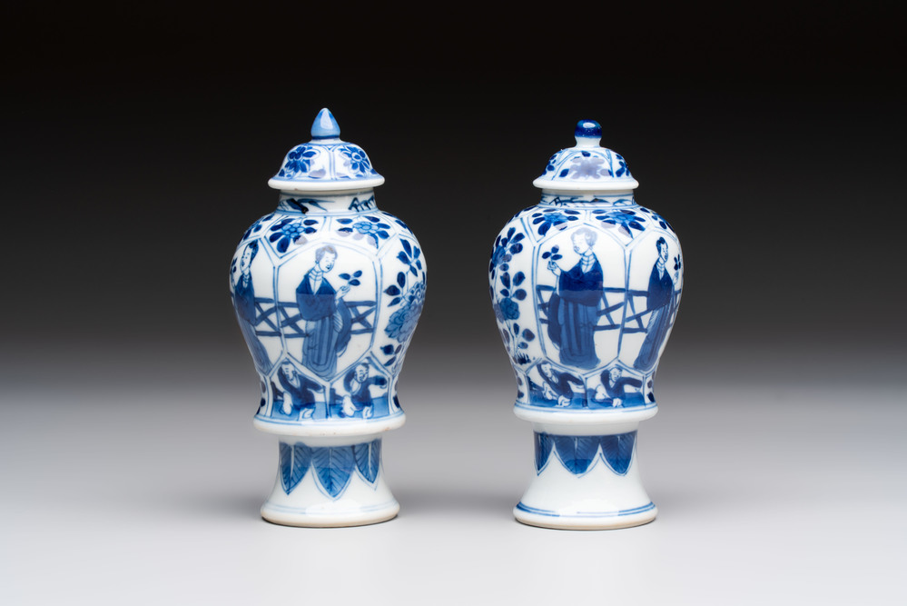 A pair of Chinese blue and white 'Long Eliza and playing boys' covered vases, Kangxi