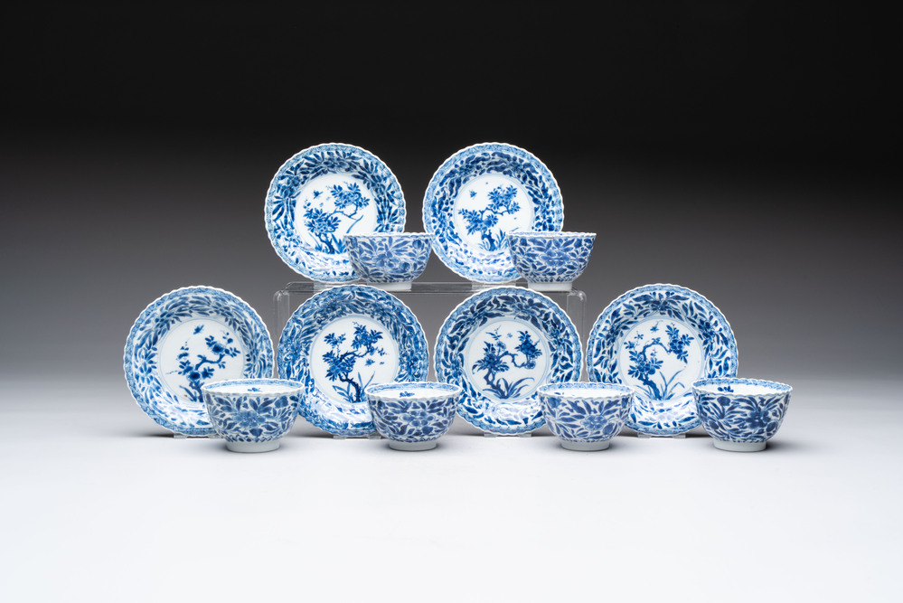 A set of six Chinese blue and white cups and saucers with floral design, Kangxi