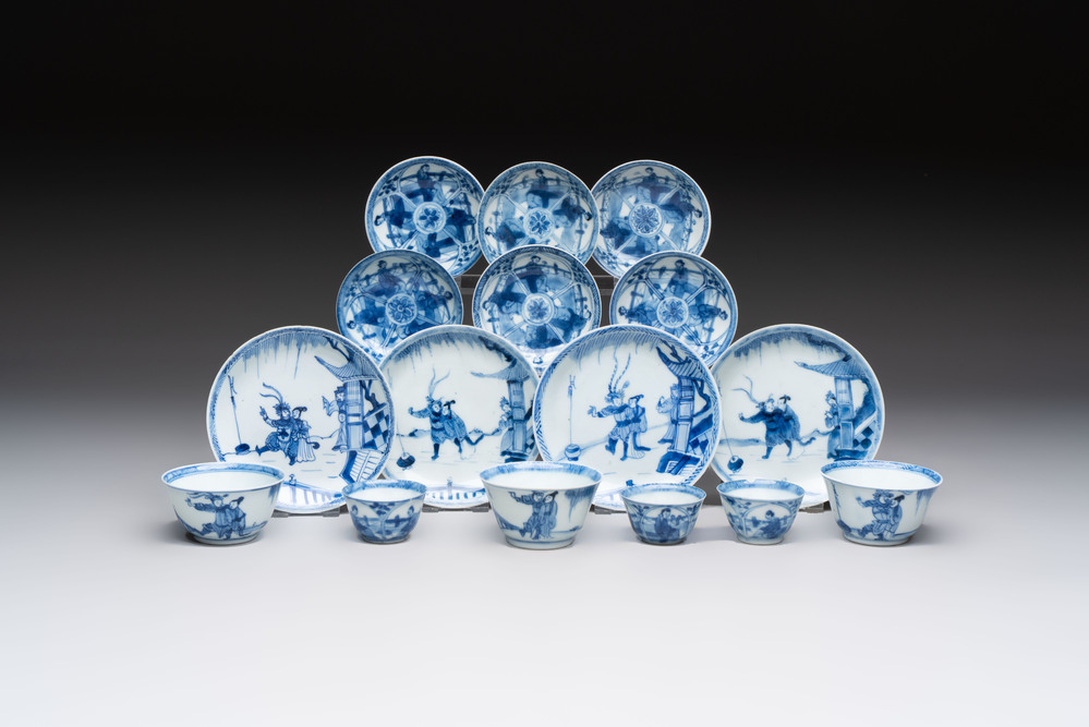 Six Chinese blue and white cups and ten saucers, Kangxi