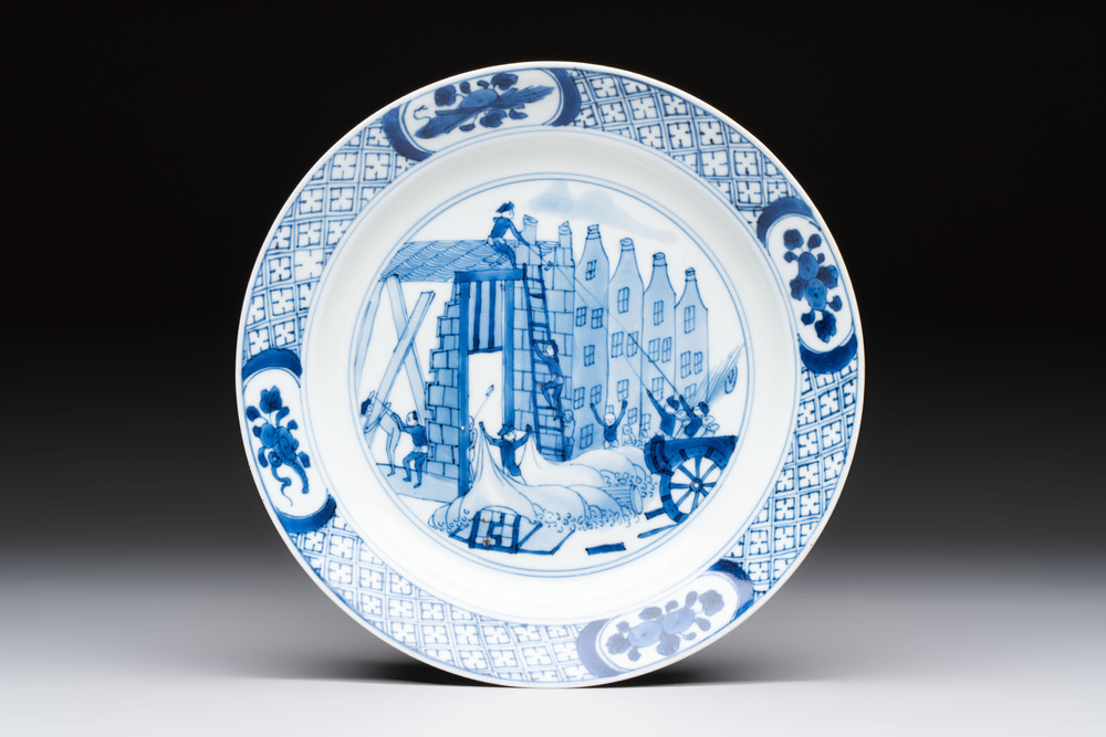 A Chinese blue and white 'Rotterdam Riot' plate, Chenghua mark, Kangxi