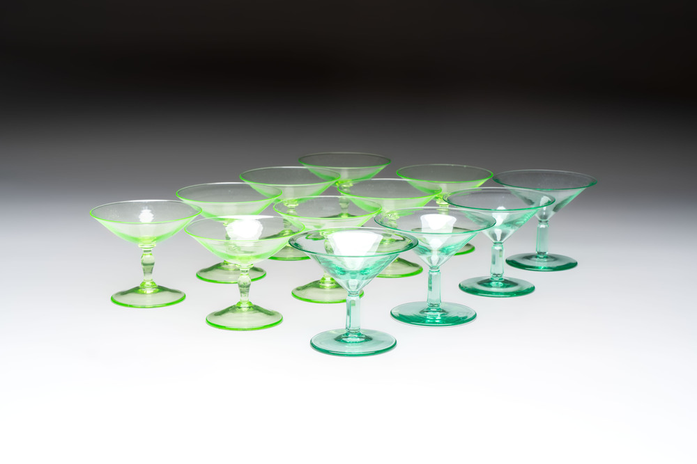 A.D. Copier (1901-1991): a set of eight and a set of four liquor glasses, etched marked, Glasfabriek Leerdam, ca. 1930