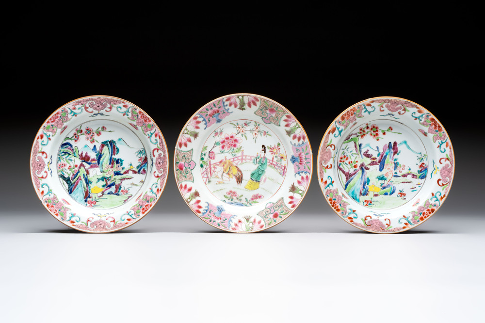 Three Chinese famille rose plates with figural and landscape design, Yongzheng/Qianlong