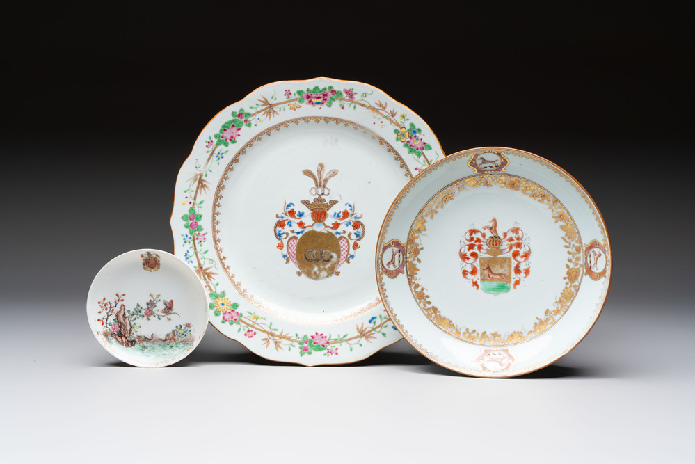 Two Chinese armorial plates and a saucer with the arms of Zur Megede, Rhenius and Chute, Qianlong