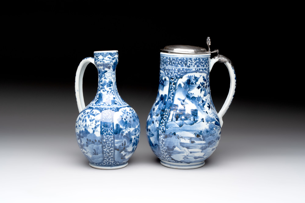 A Japanese Arita blue and white jug and a silver-mounted tankard, Edo, 17/18th C.