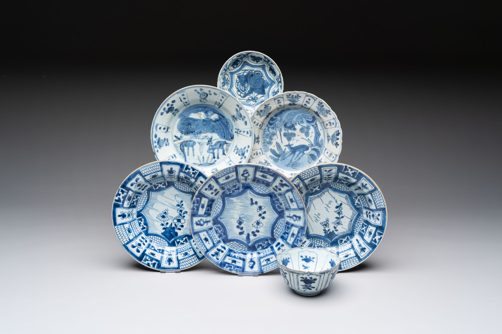 Five Chinese blue and white 'kraak' and 'kraak'-style plates, a saucer and a bowl, Ming/Qing