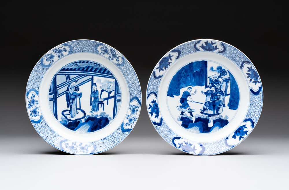 Two Chinese blue and white plates with figural design, Kangxi marks and of the period