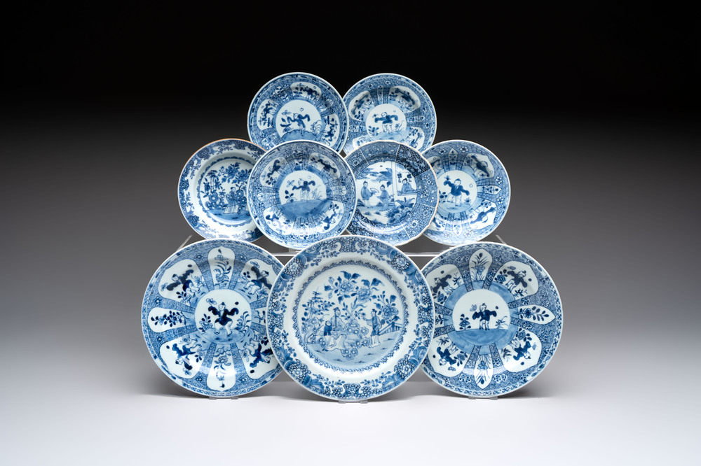 Nine Chinese blue and white plates with figural design, 18th C.