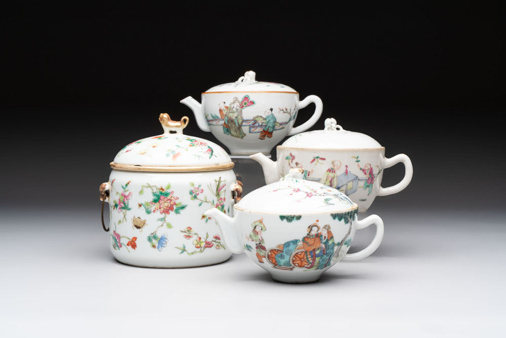 Three Chinese famille rose covered teapots and a warming bowl, Tongzhi, Guangxu and L&uuml; Zhi Xiang Zhi 呂芷薌製 marks, 19th C.