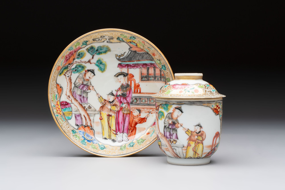 A Chinese Canton famille rose gilt-decorated covered cup and saucer, Qianlong