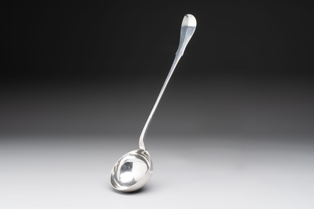 A silver ladle, marked Pieter de Thieu, Bruges, dated (17)77