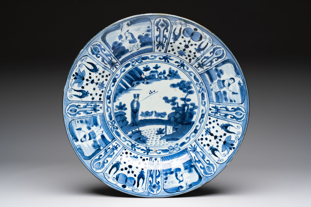 A massive Japanese Arita blue and white 'fisherman' dish, Edo, 17th C.