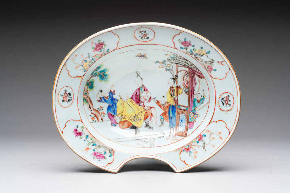 A Chinese Canton famille rose shaving bowl with figurative design, Qianlong