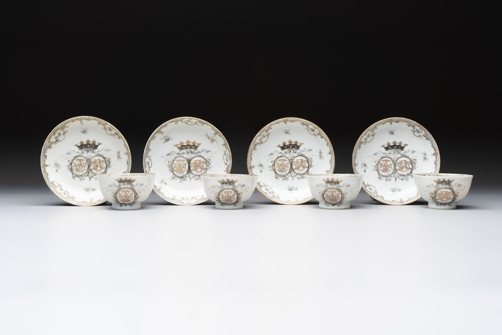 Four Chinese grisaille and gilt-decorated monogrammed cups and saucers, Qianlong, dated 1778