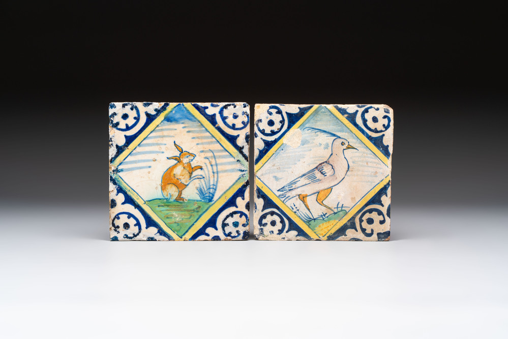 Two polychrome Dutch Delft maiolica 'rabbit' and 'bird' tiles, late 16th C.
