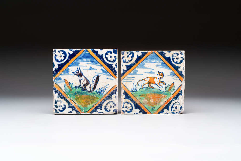 Two polychrome Dutch Delft maiolica 'leopard' and 'fox' tiles, late 16th C.