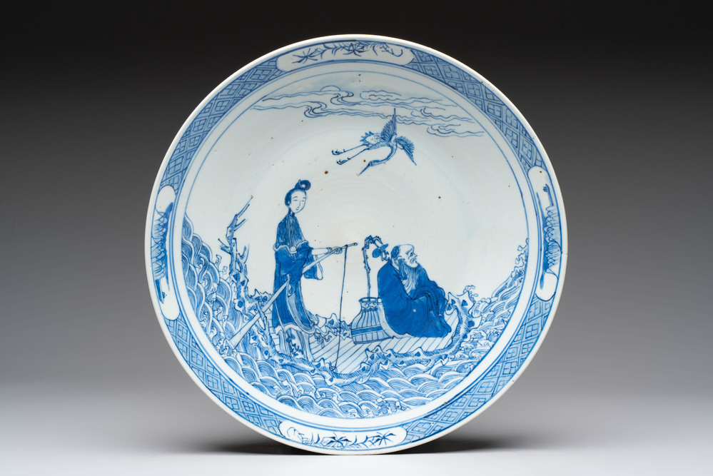 A Chinese blue and white 'Xian Ren Cheng Cha 仙人乘槎' dish, 19th C.