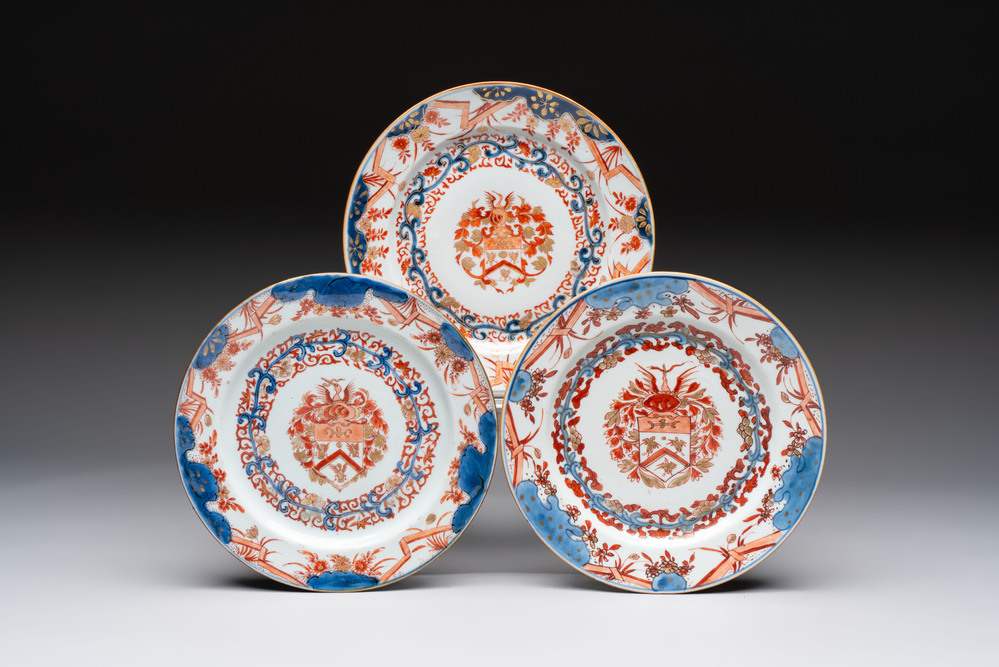 Three Chinese Imari-style armorial plates with the arms of Van Gellicum for the Dutch market, Kangxi/Yongzheng
