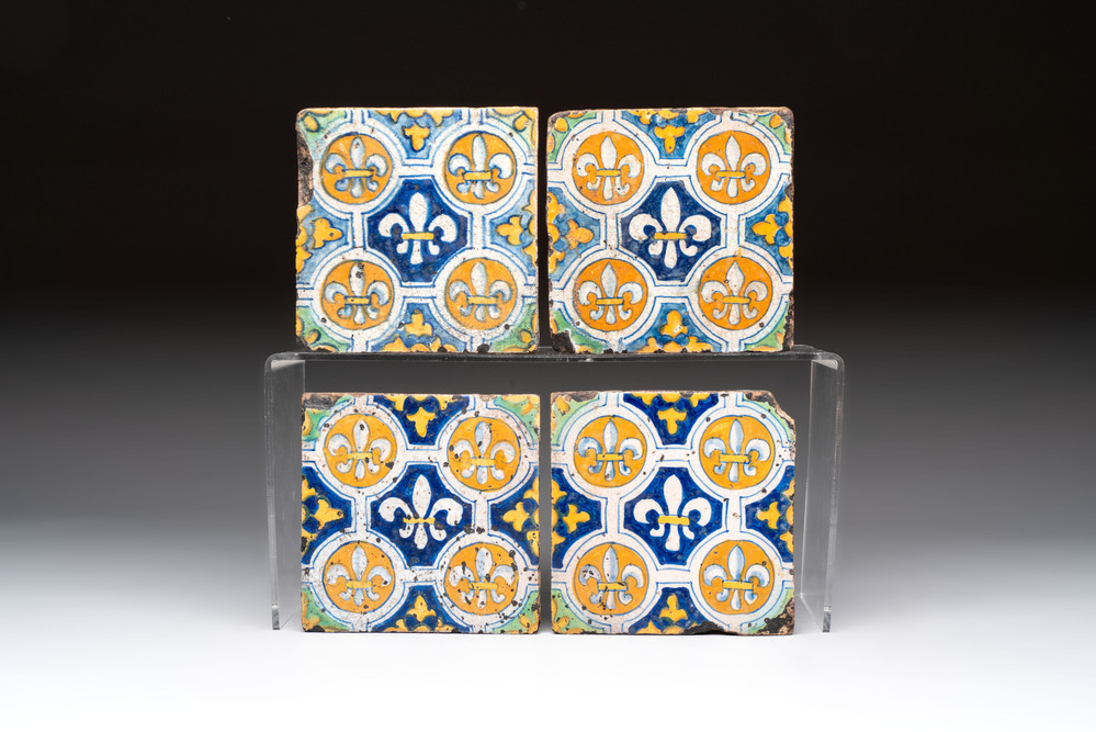 Four polychrome Dutch Delft 'French lilies' tiles, ca. 1600