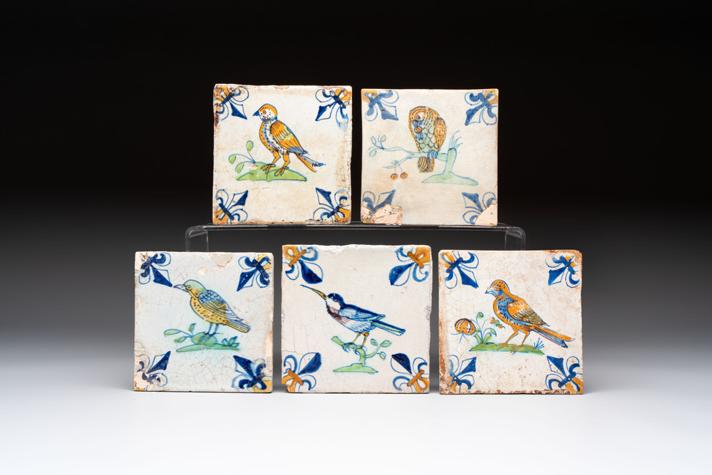 Five polychrome Dutch Delft 'bird' tiles, 17th C.