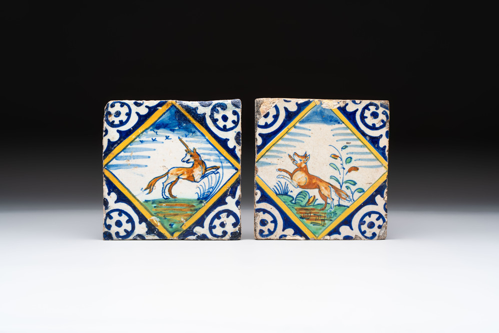 Two polychrome Dutch Delft maiolica 'unicorn' and 'fox' tiles, late 16th C.