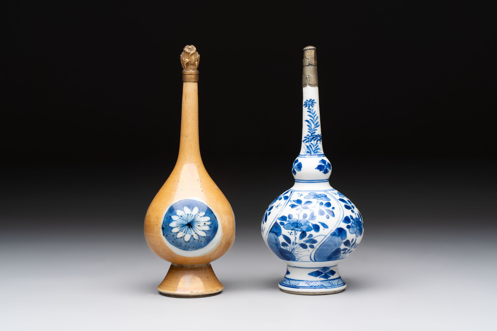 A Chinese blue, white and caf&eacute;-au-lait-ground and a blue and white rose water sprinkler, Kangxi