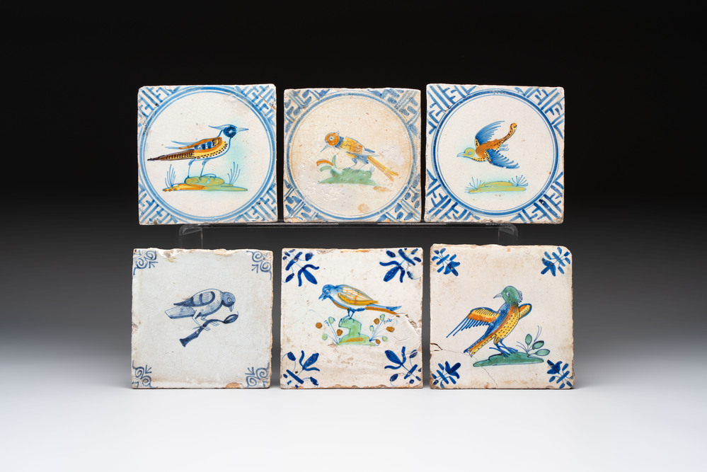 Six blue, white and polychrome Dutch Delft 'bird' tiles, 17th C.