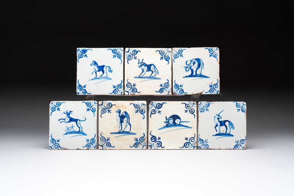 Seven blue and white Dutch Delft 'animal' tiles, 17th C.