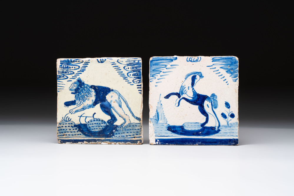 Two blue and white Dutch Delft 'crown' tiles with a lion and a horse, Rotterdam, early 17th C.