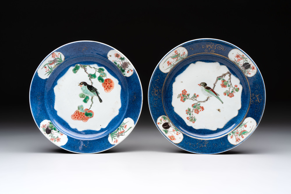 A pair of fine Chinese famille verte powder-blue-ground 'bird on branch' plates, Kangxi