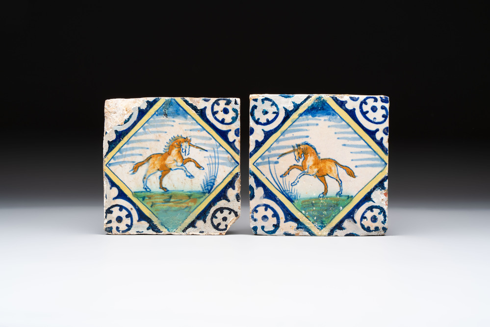 Two polychrome Dutch Delft maiolica 'unicorn' tiles, late 16th C.