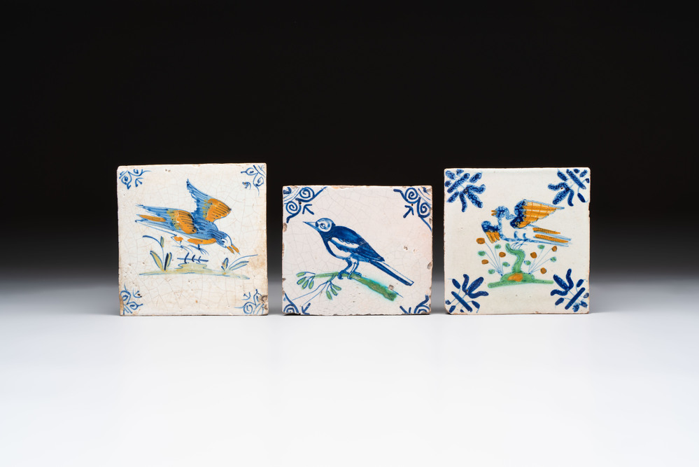 Three polychrome Dutch Delft 'bird' tiles, 17th C.