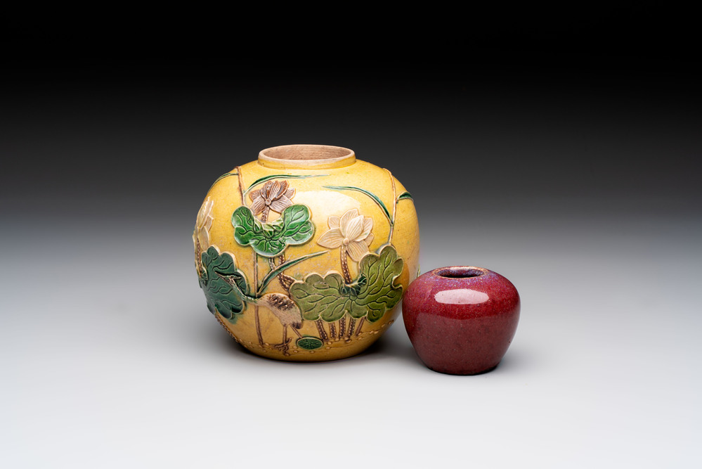 A Chinese verte biscuit 'Yi Lu Lian Ke 一路連科' jar and a flamb&eacute; water pot, 18/19th C.
