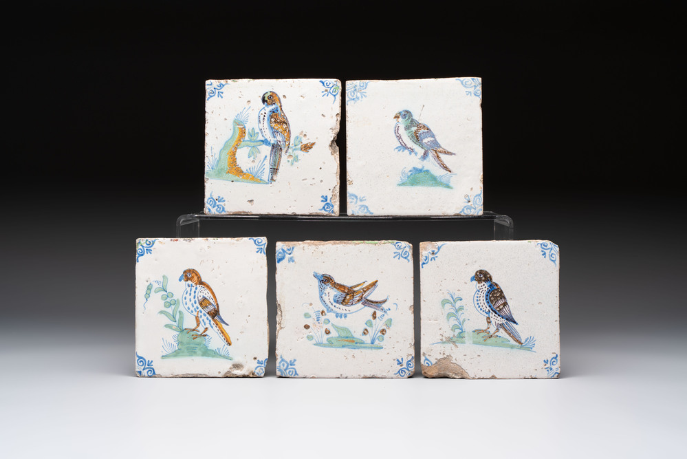 Five polychrome Dutch Delft 'bird' tiles, 17th C.
