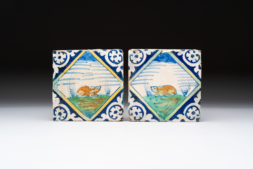 Two polychrome Dutch Delft maiolica 'rabbit' tiles, late 16th C.