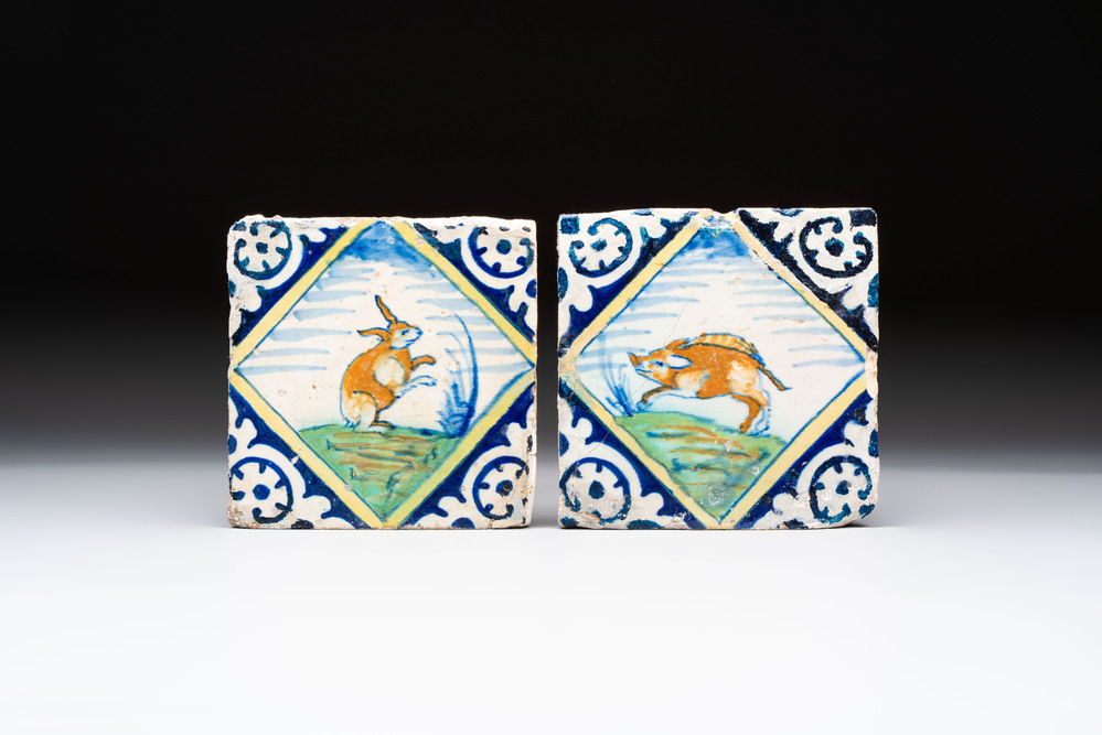 Two polychrome Dutch Delft maiolica 'rabbit' and 'boar' tiles, late 16th C.