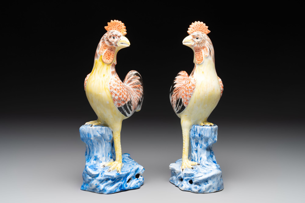 * A pair of Chinese polychrome-glazed models of roosters, 18/19th C.