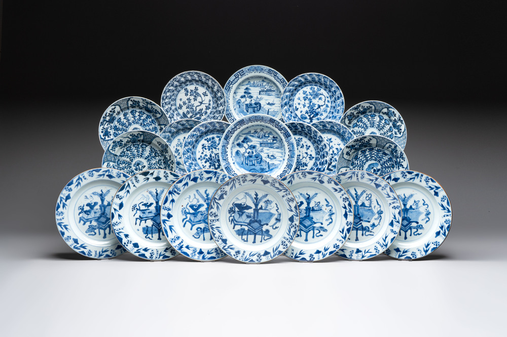 19 Chinese blue and white plates with antiquities, floral, and landscape design, Kangxi