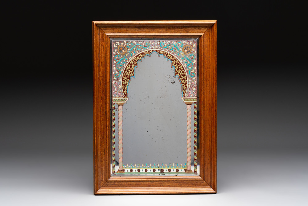An enamelled glass Orientalist-style mirror in a wooden frame, in the style of A. J. &amp; L. Lobmeyr, possibly France, 19th C.