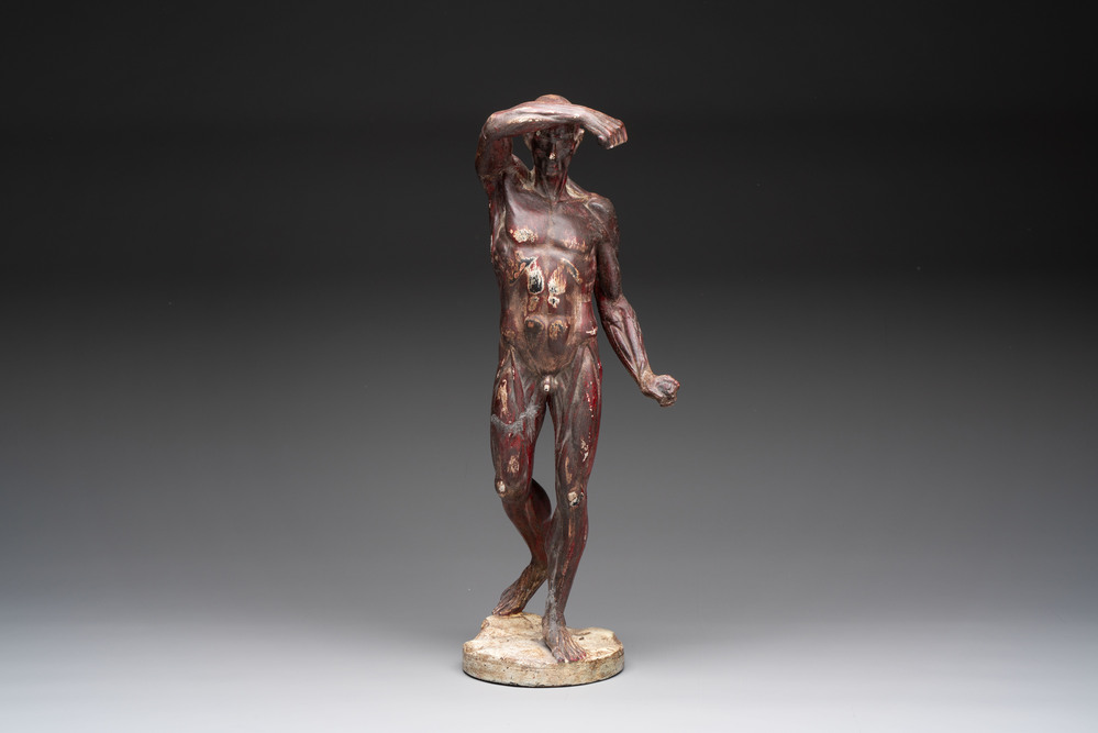 A French polychrome plaster anatomical '&eacute;corch&eacute;' figure after Jean Antoine Houdon (1741-1828), 19th C.