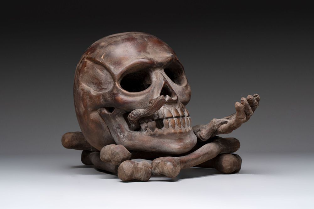 An Italian carved wooden 'vanitas' or 'memento mori' sculpture, 19th C.