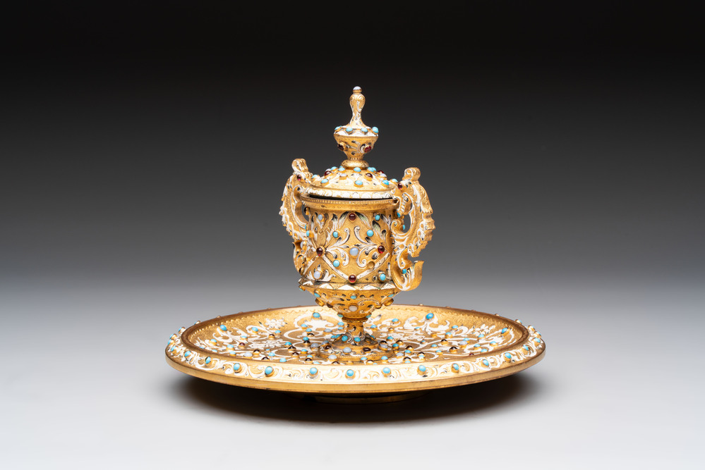 A bejewelled and enamelled gilt-bronze inkwell, probably Russia, 19/20th C.