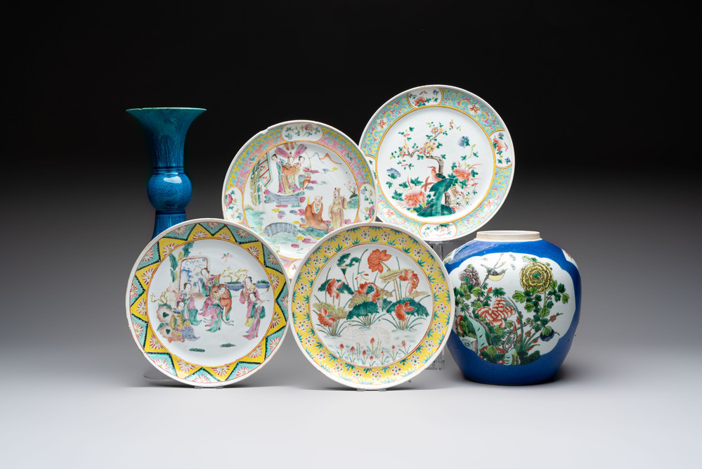 Four Chinese famille rose plates, a blue-glazed vase and a famille verte powder-blue-ground jar, Kangxi and Tongzhi marks, 19th C.