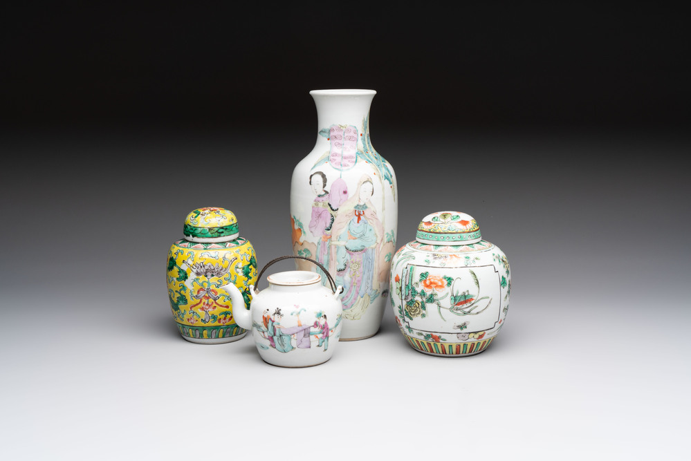 Four Chinese famille rose and verte wares, Zhang Yi Tai Hui 張義泰繪 mark, 19th C.